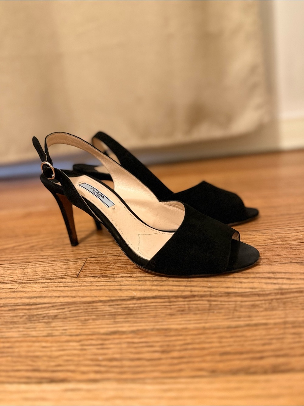 Prada Black Suede Peep-Toe Slingback Heels